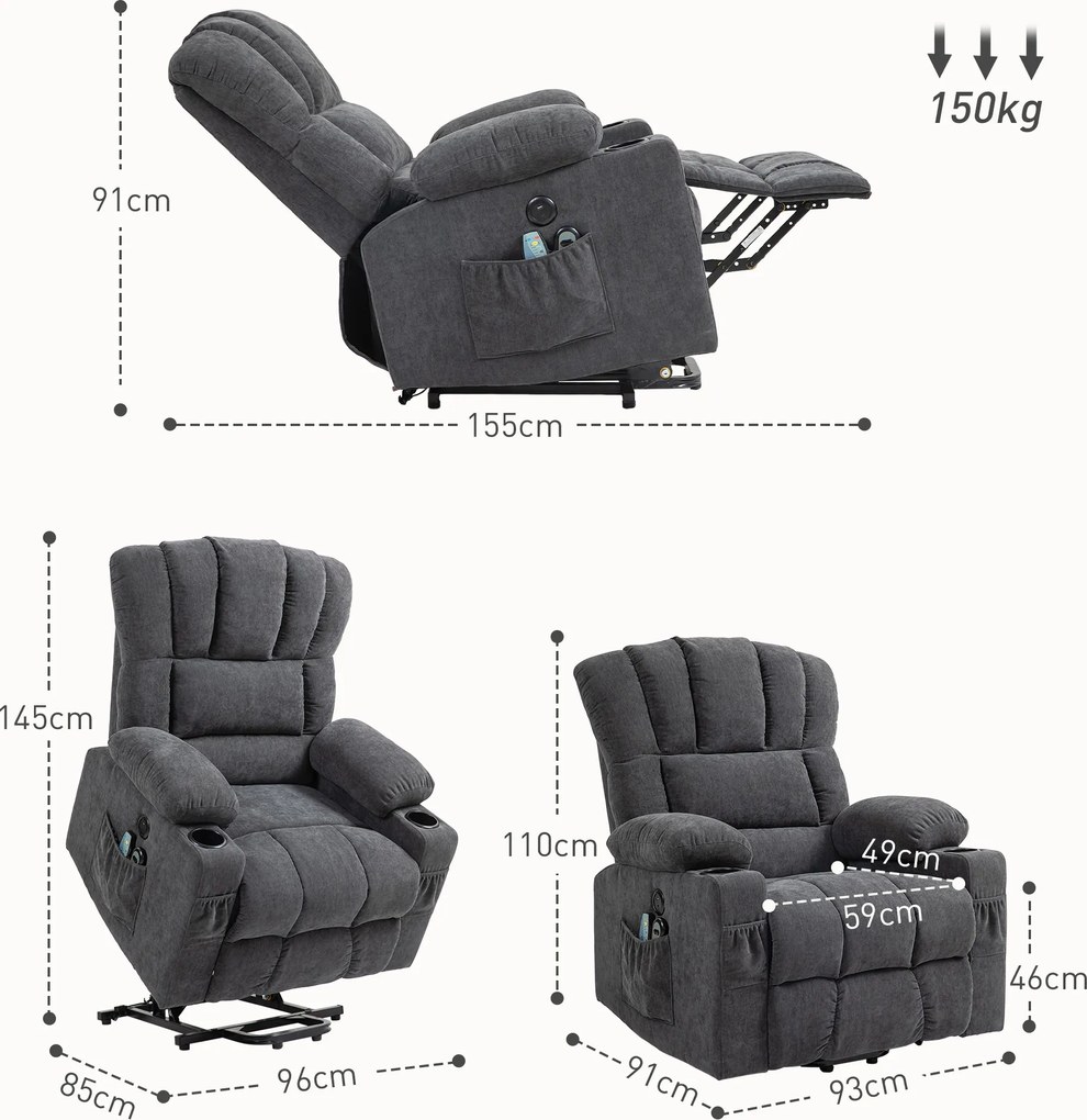 HOMCOM Elektryczny Fotel Powstańczy z Masowaniem i Podgrzewaniem, Złączami USB, Uchwytami na Kubki, Ciemnoszary