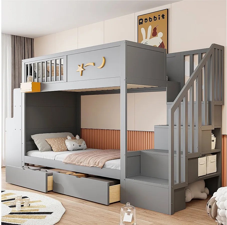 Łóżko piętrowe dla dzieci - 2 x 90 x 200 cm - z szufladami + schodki do przechowywania + biurko - sosna lita - szare