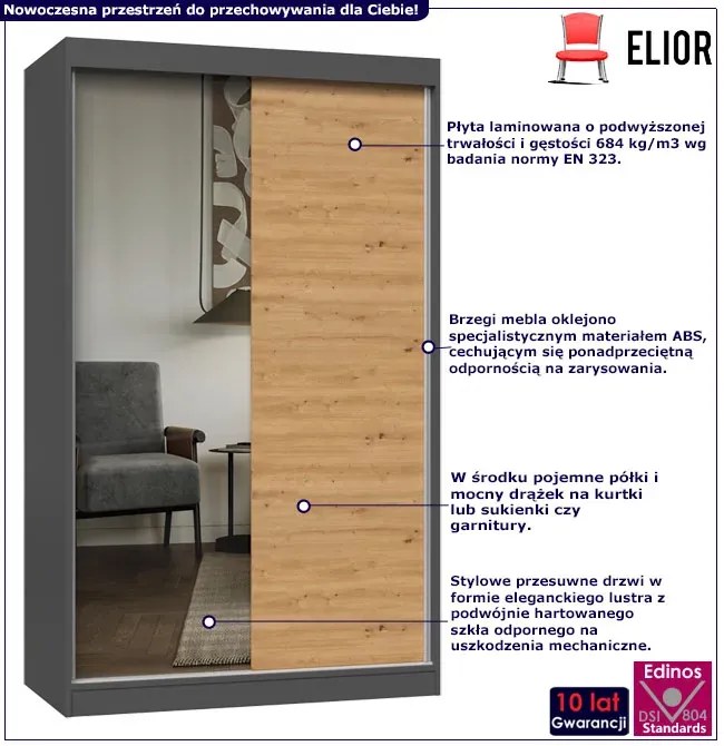 Szafa ubraniowa z drzwiami przesuwnymi 120 cm dąb artisan antracyt B4-A74