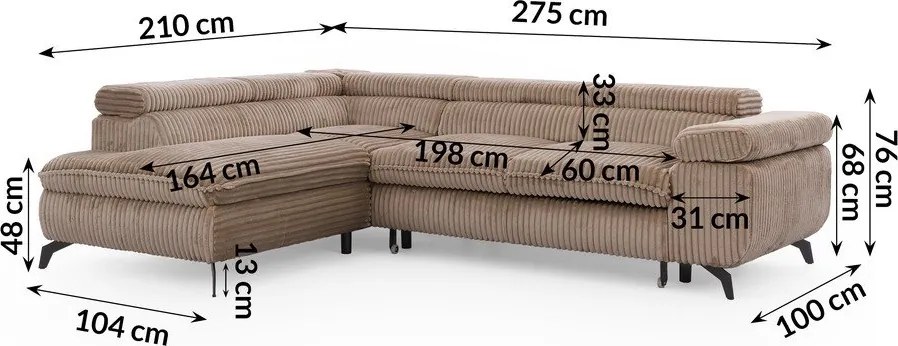 Brązowy sztruksowy narożnik (lewostronny/w kształcie litery L) Marbeya – Ropez