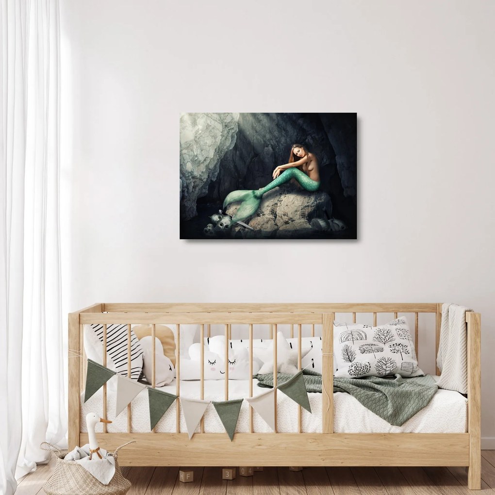 Obraz na szkle - Syrenka na skale (70x50 cm)