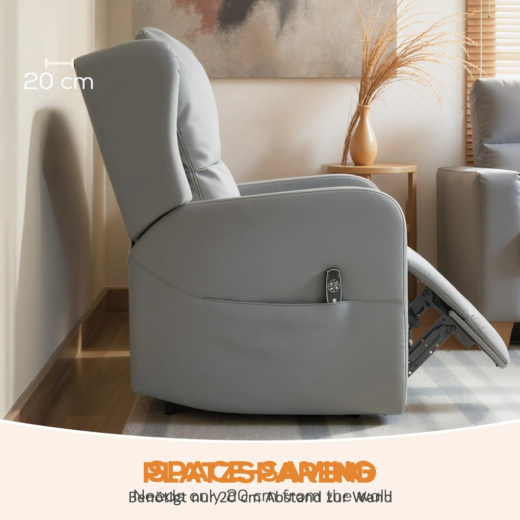 HOMCOM Fotel masujący z funkcją odchylania oparcia, ekoskóra, elektrycznie regulowany, podnóżek, kieszeń boczna, rama stalowa, szary