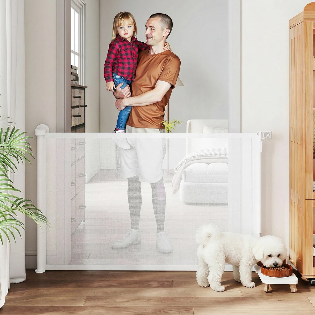 PawHut Rozsuwane ogrodzenie dla schodów i drzwi 0-140 cm z obsługą jedną ręką, dla dzieci i zwierząt, białe | Aosom PL