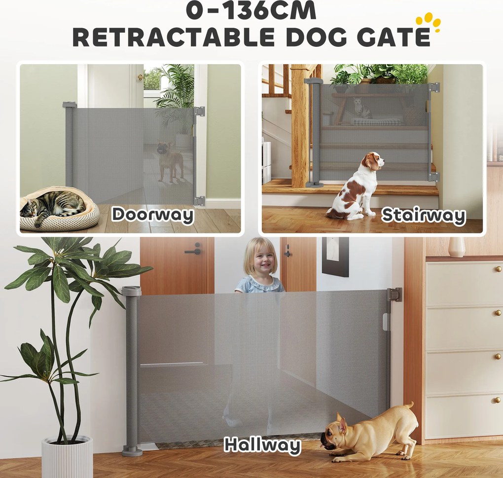 PawHut Rozsuwana bramka ochronna na schody 0-136cm Wysokość 87 cm Bramka dla zwierząt domowych 142 x 10 x 87 cm Szara