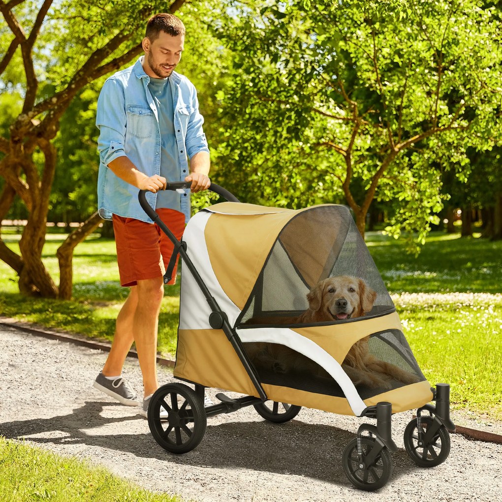 PawHut Wózek dla Psów, Składany Wózek dla Dużych Psów, Wózek dla Zwierząt z 4 Kołami, Linami Bezpieczeństwa, Hamulcami, Brązowy