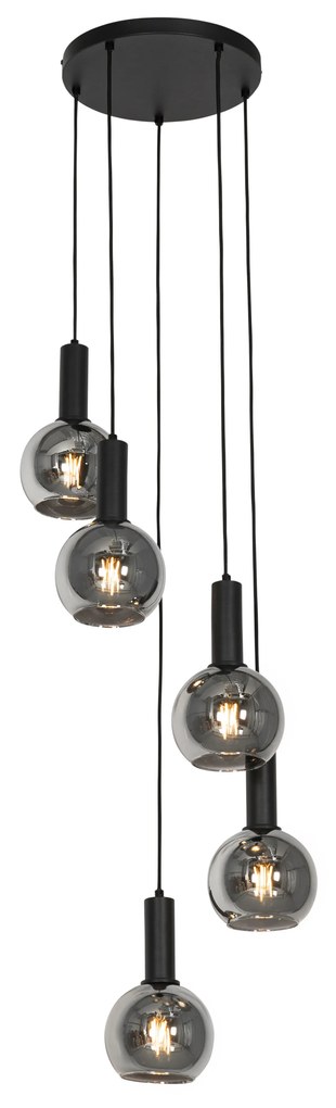 Lampa wisząca w stylu art deco czarna z dymionym szkłem okrągła 5-światłowa - Josje