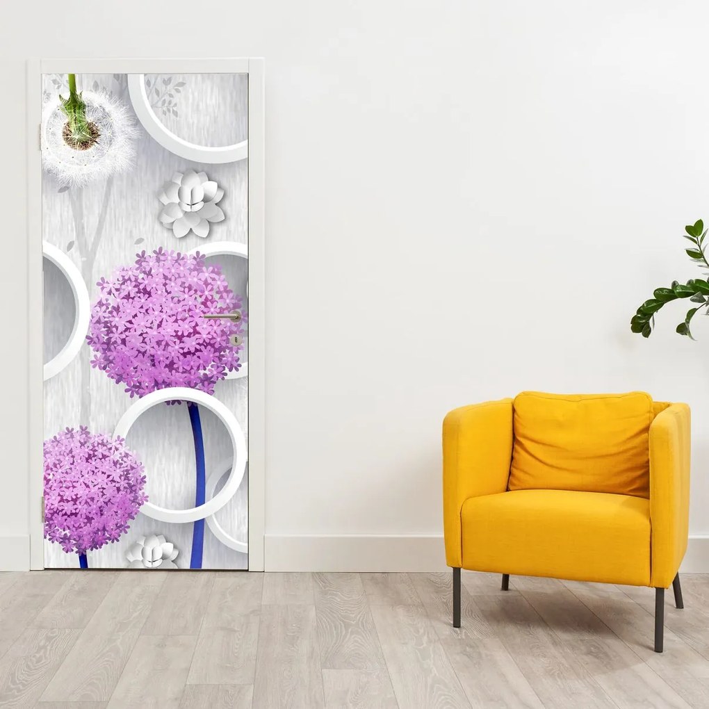 Fototapeta na drzwi - Abstrakcja 3D, koła i kwiaty (95x205cm)