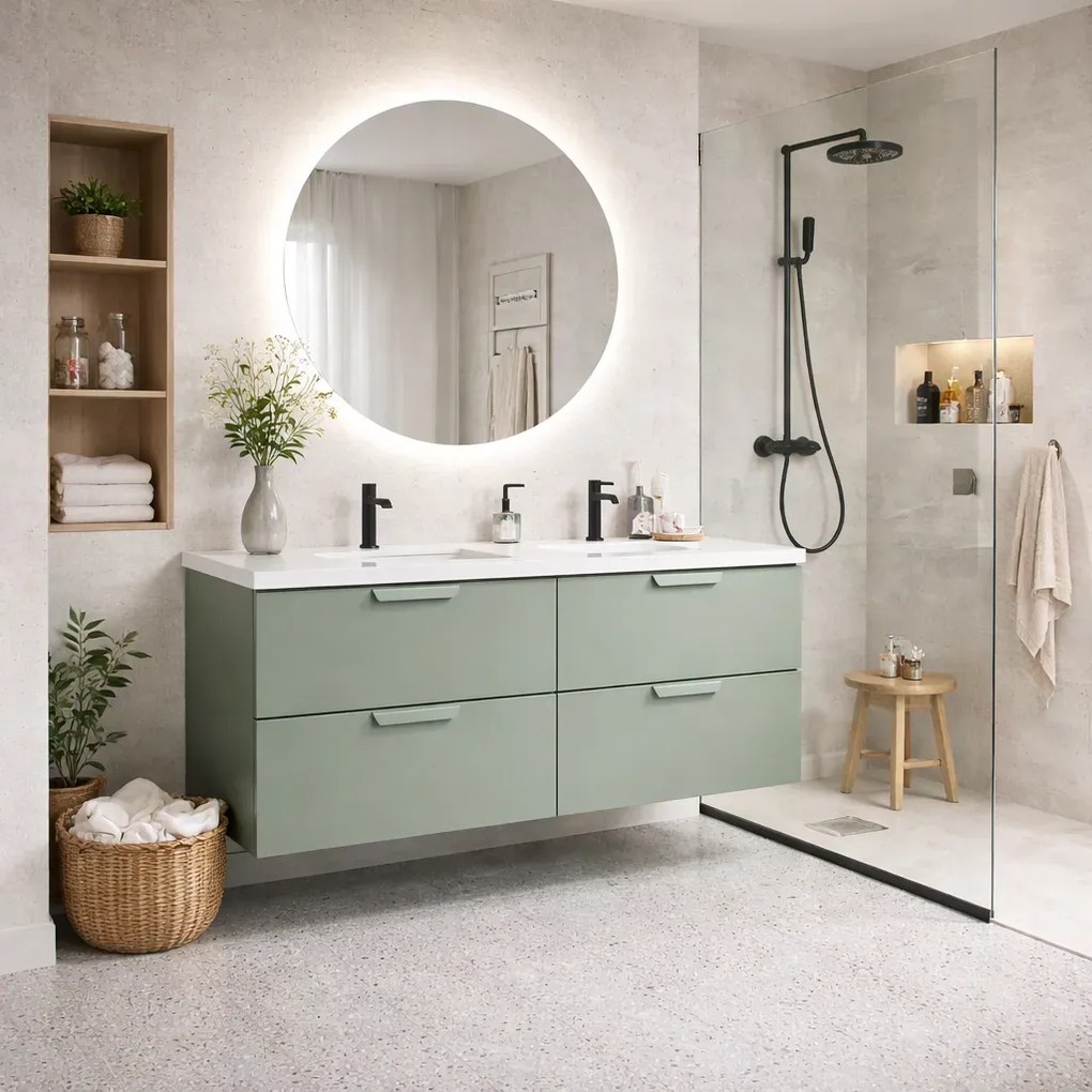 Zielona wisząca szafka łazienkowa z umywalką T7-A13