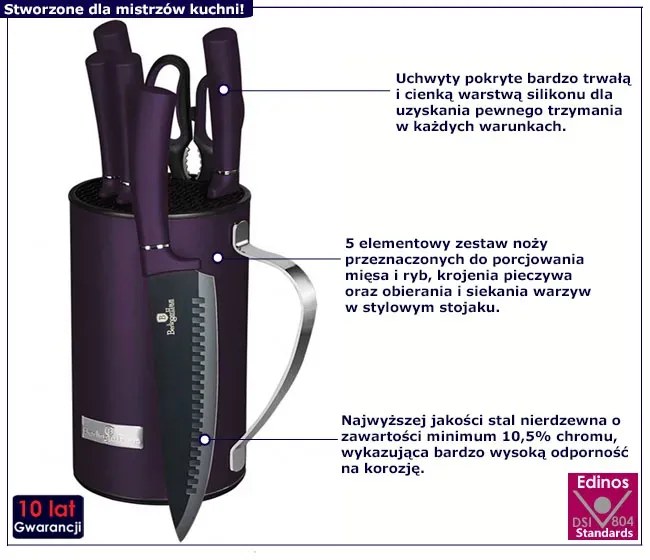 Elegancki fioletowy zestaw 5 noży w bloku F3-N35