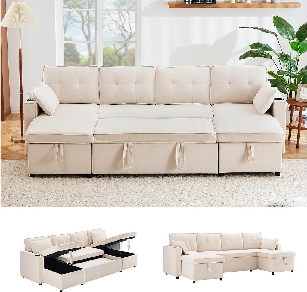 Sofa rozkładana w kształcie litery U - 270 x 130 x 86 cm - 4 miejsca - z uchwytem na kubek + schowkiem - bawełna + len - beżowa