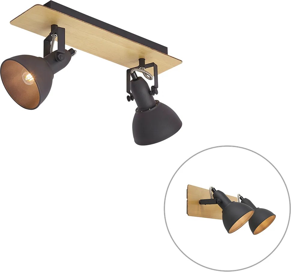 Czarny reflektor sufitowy z drewnem, 2-punktowy, obrotowy i przechylny - Jakub