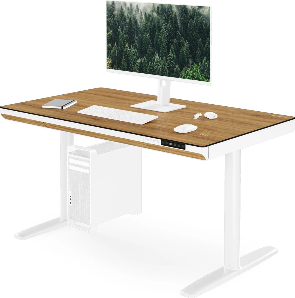 Biurko elektryczne sit-stand z szufladą i ładowarką bezprzewodową Qi białe/złoty dąb, 1200 mm: ELLIS