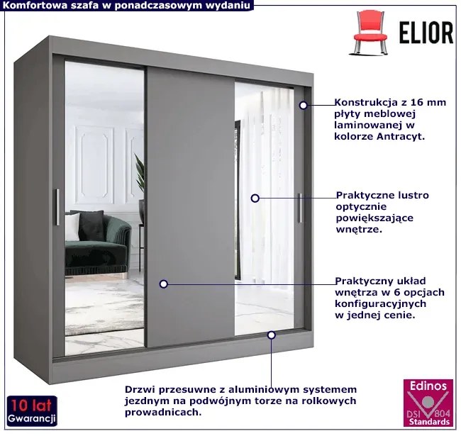 Szafa przesuwna antracyt 200 cm - Seko 6X
