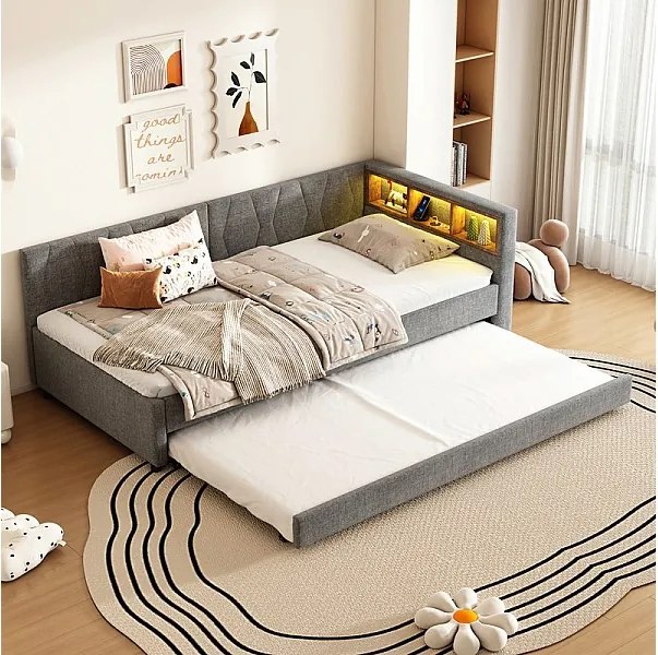 Pufa łóżkowa nest 90 x 200 cm + 90 x 190 cm, Len, z LED i USB + typ C, Szary