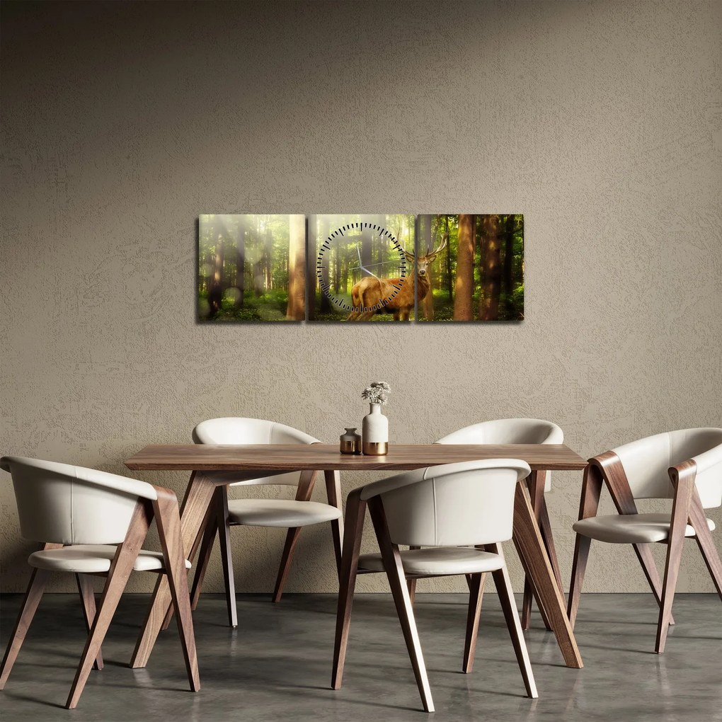 Obraz jelenia w lesie (z zegarem) (90x30 cm)