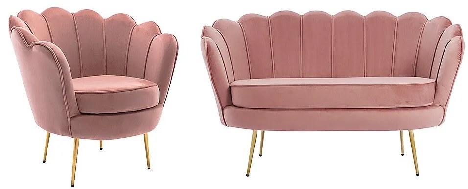 Kanapa 2 osobowa i fotel muszla z różowego weluru - DANDELION