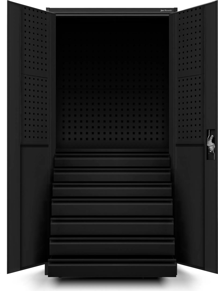 Szafa warsztatowa z tablicami i szufladami czarna, 920x1850x500 mm: DAREK All Black