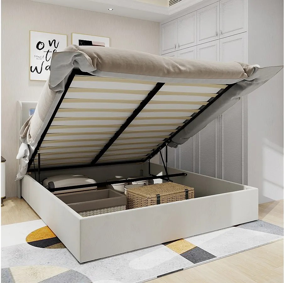 Łóżko ze schowkiem 140x200 cm z oświetleniem LED, drewniany stelaż z listew - beżowy aksamit (bez materaca)