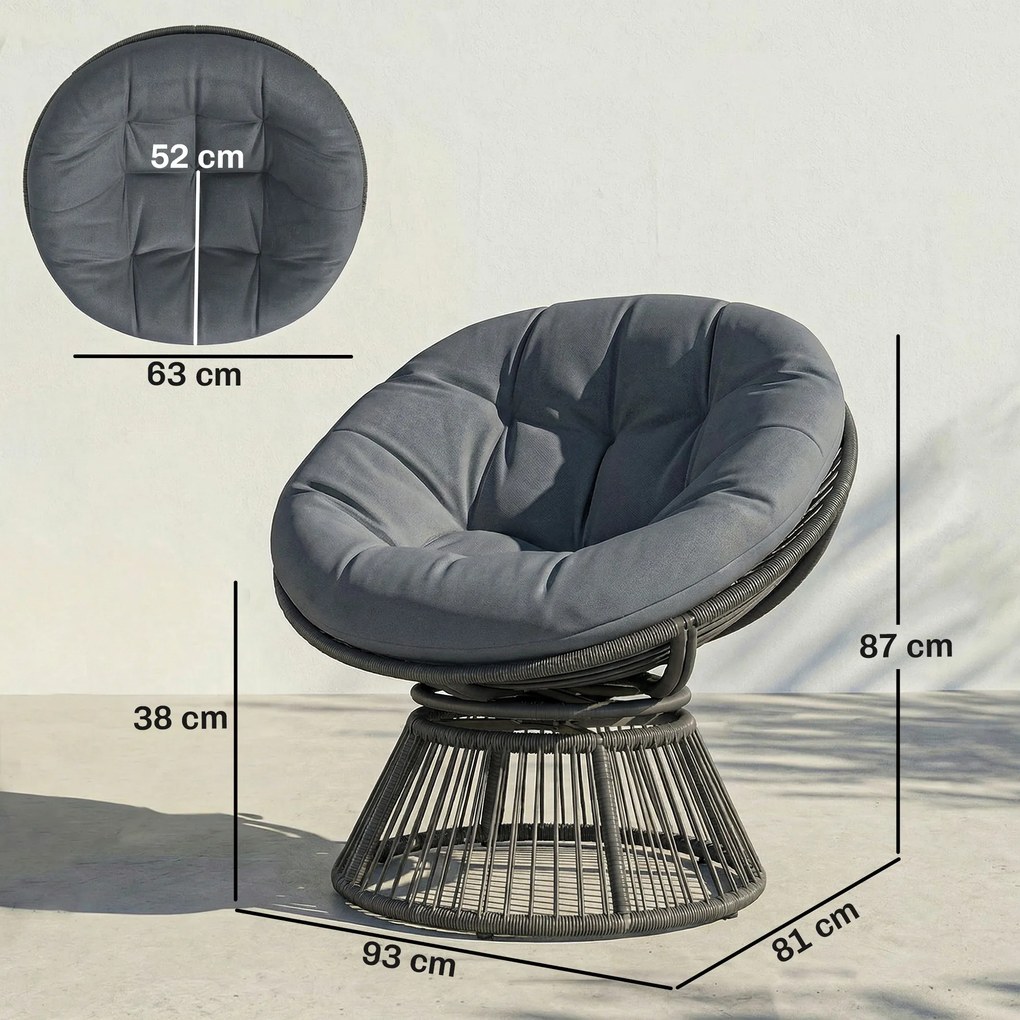 Outsunny Fotel Papasan 360° obrotowy fotel z poduszką stalowa rama fotel z rattanu wypoczynkowy szary | Aosom PL