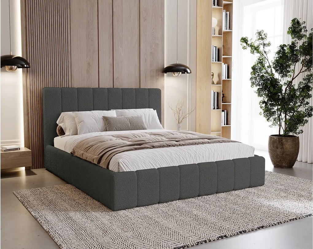 BESILIO Sypialnia łóżko slim 200x200 Lexy - stelaż metalowy, pojemnik na pościel, slim łóżko, tkanina boucle - Szary