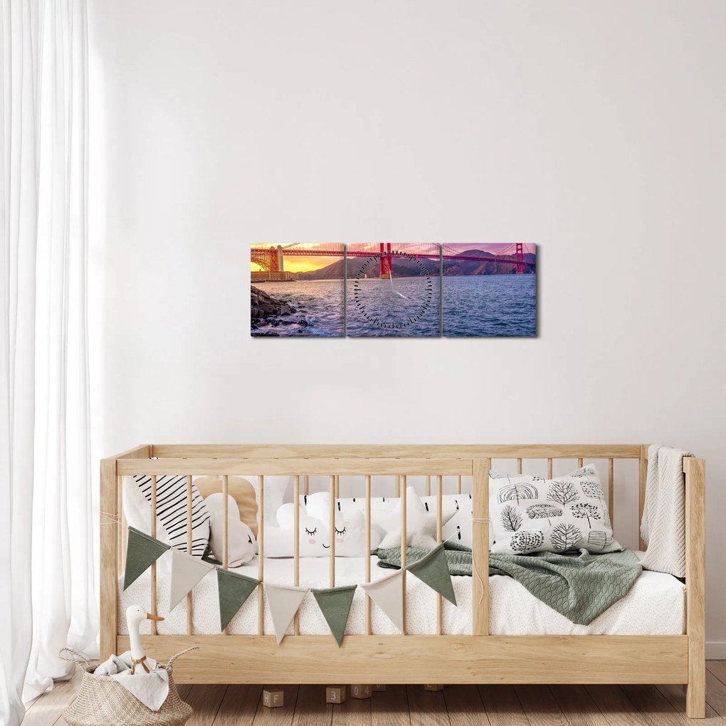 Obraz mostu z zachodem słońca (z zegarem) (90x30 cm)