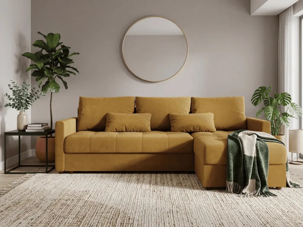 Rozkładana narożna sofa VENORIA 220x143 cm, musztardowa, uniwersalna + 2 poduszki GRATIS