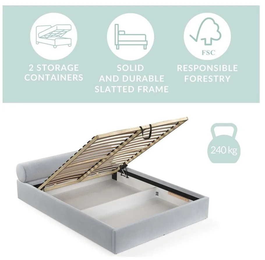 Jasnobrązowe tapicerowane łóżko dwuosobowe ze schowkiem i stelażem 200x200 cm Solvo – Maison de Rêve