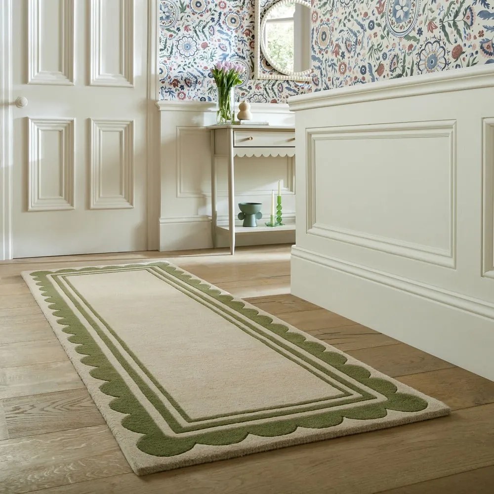 Zielono-naturalny wełniany chodnik tkany ręcznie 80x230 cm Lois Scallop – Flair Rugs