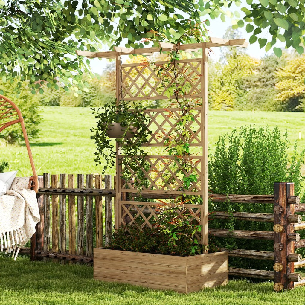 Outsunny Skrzynka na Kwiaty z Siatką Espalier, Prostokątna Drewniana Skrzynka z Tylnym Espalier dla Roślin Pnących i Dachem