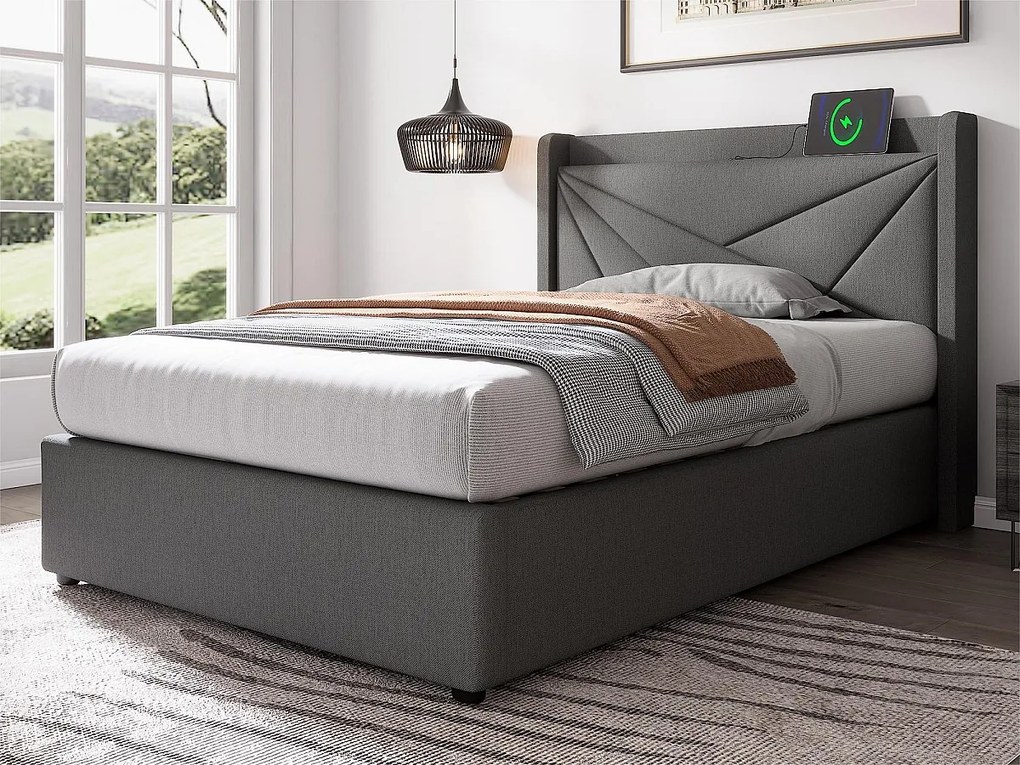 Łóżko 90x200cm z tkaniny lnianej - z portem USB i stelażem na listwy - Szare