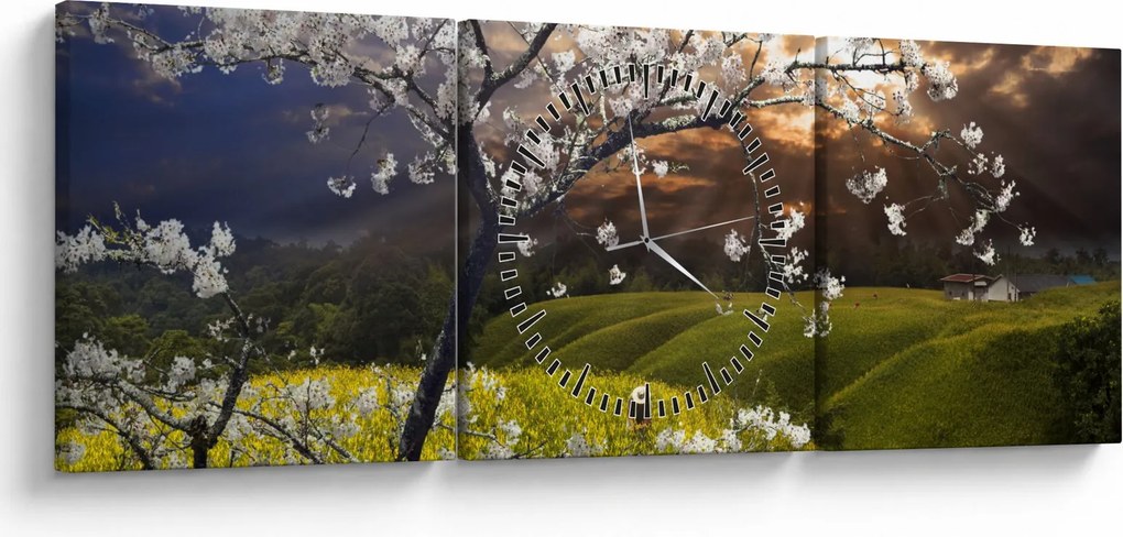 Obraz - Kwitnące drzewo w krajobrazie (z zegarem) (90x30 cm)