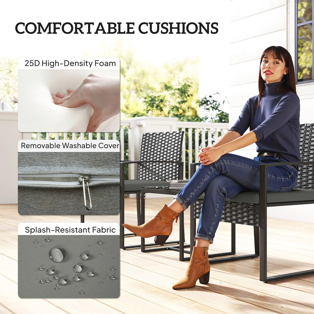 Outsunny Zestaw bistro z rattanu, 3-częściowy zestaw mebli ogrodowych z 2 krzesłami ogrodowymi, stolikiem kawowym, zdejmowanymi poduszkami Ciemnoszary | Aosom PL