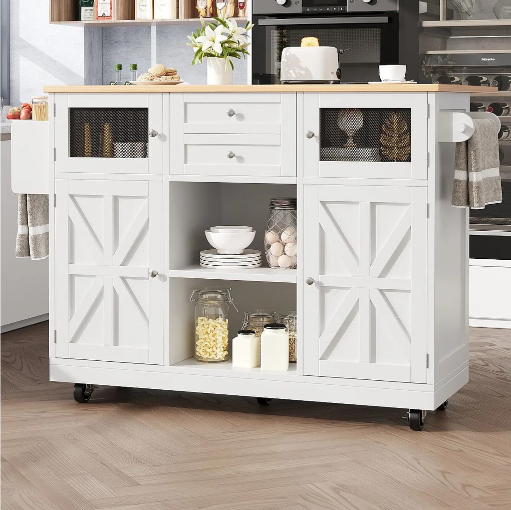 Wyspa centralna na kółkach - 140 x 40 x 93,5 cm - z blatem roboczym + 2 drzwi + 2 szuflady - MDF - biała