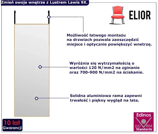 Złote nowoczesne lustro wiszące na drzwi Alias