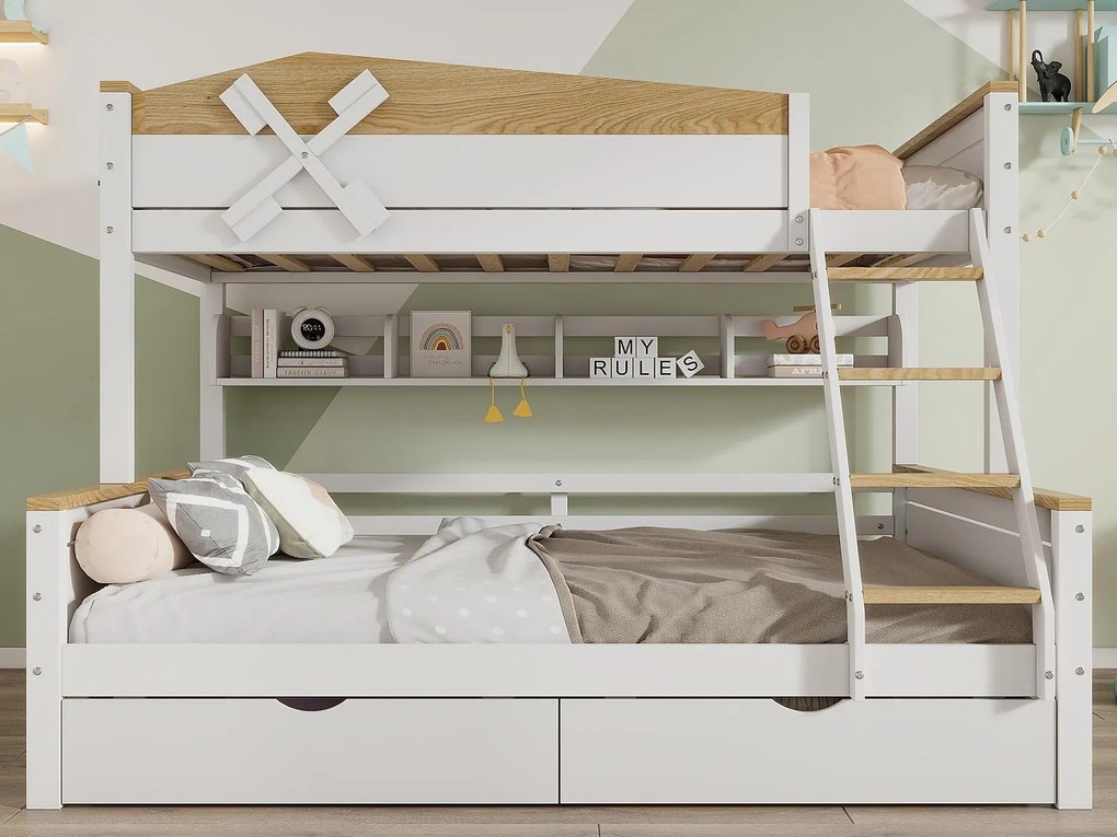Łóżko piętrowe 90x200cm i 140x200cm - z drabinką, półkami i 2 szufladami - z drewna sosnowego i MDF - Białe