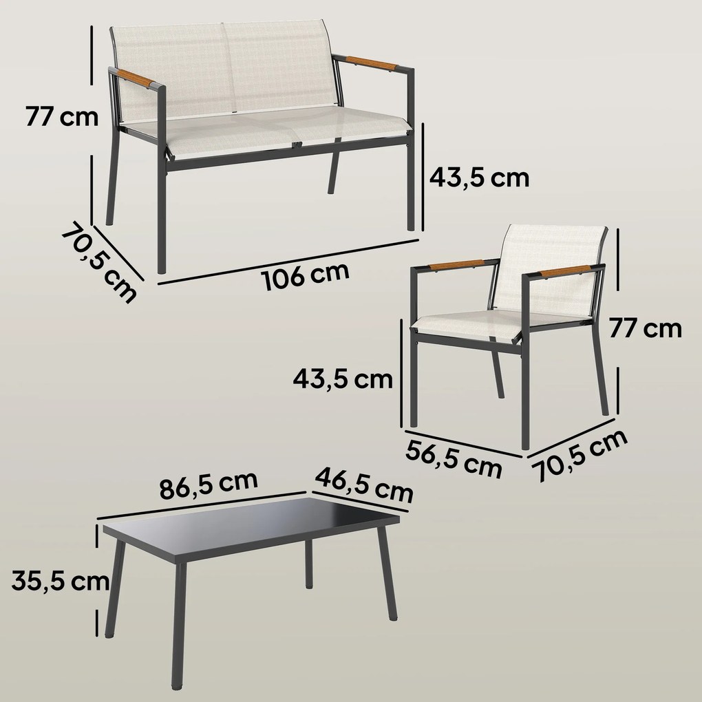 Outsunny Zestaw mebli ogrodowych 4 osobowy sofa dwuosobowa fotele stół metalowy na taras balkon ogród | Aosom PL