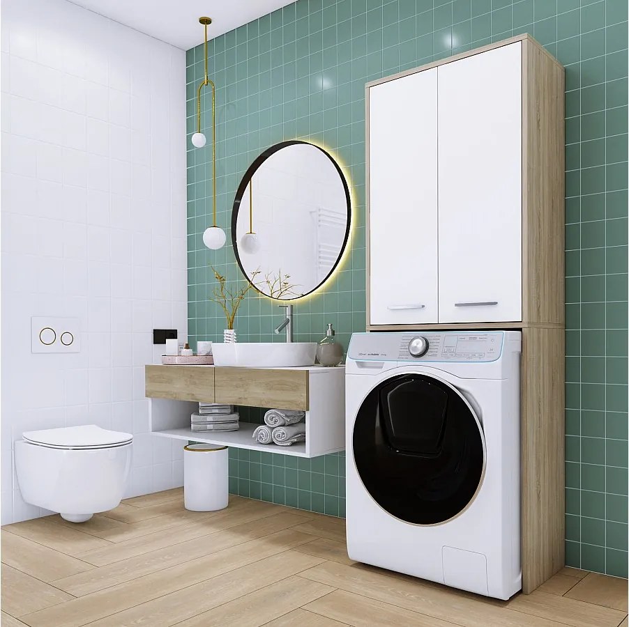 Szafka pod pralkę, dąb sonoma, biały mat, 31 x 64 x 180 cm