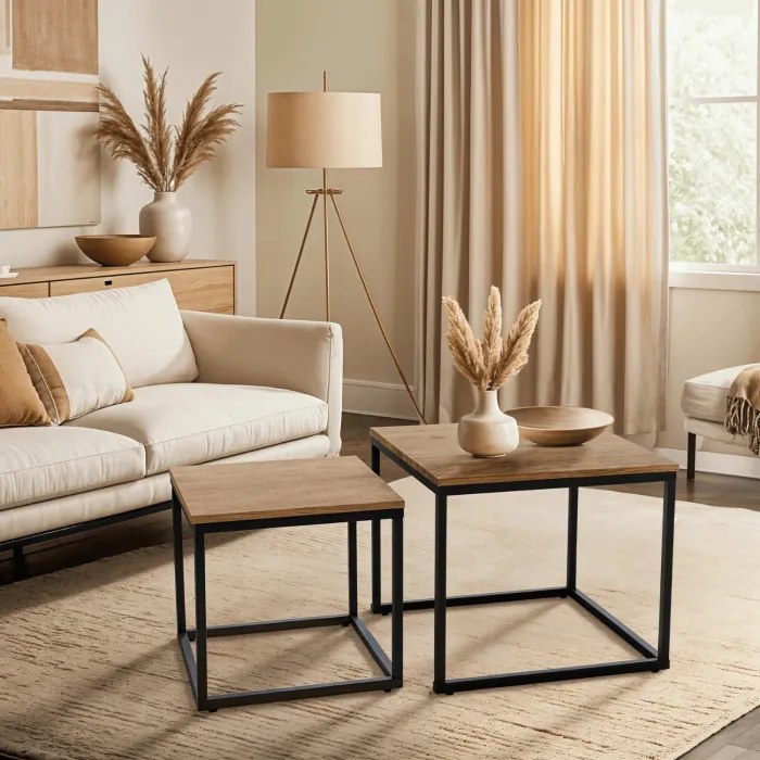 Zestaw Stolików Kawowych CARMI Dąb Złoty/Czarny do Salonu Loft
