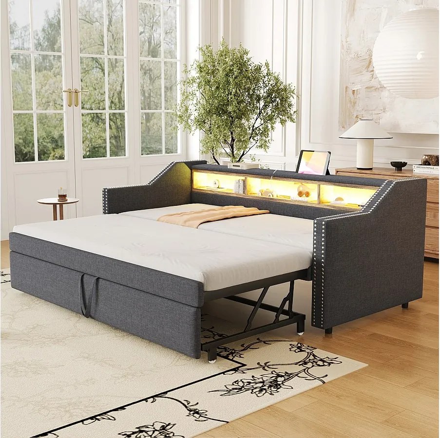 Łóżko dziecięce wysuwane 90/180 x 190 cm - Tkanina lniana - Diody LED i port USB - ciemnoszary