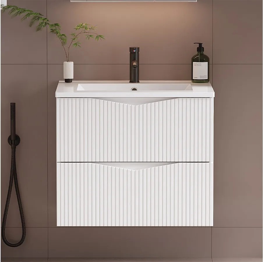 Biały Zestaw do Łazienki 60cm Szafka z Umywalką Ryflowane Fronty Cleo