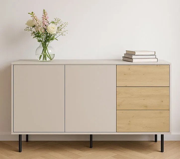 Duża komoda z szufladami 150 cm kaszmir + dąb artisan L9-P89