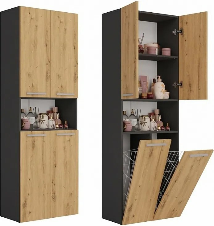 Słupek Łazienkowy Nel 2K DK | Antracyt/ Dąb Artisan | 60x30x174 cm | Szafka Regał 3 Półki 2 Kosze