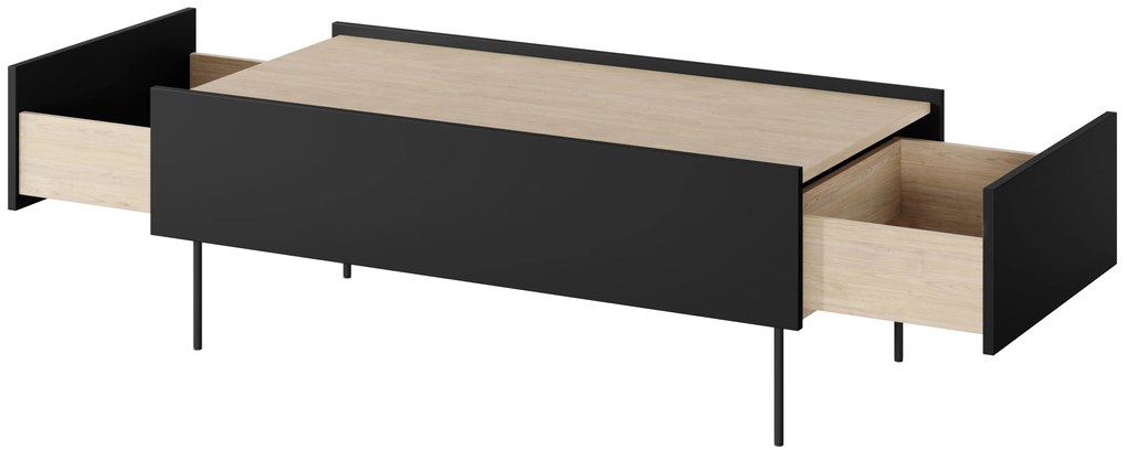 Stolik kawowy Desin 120 cm z szufladami i metalowymi nogami - czarny mat / dąb nagano