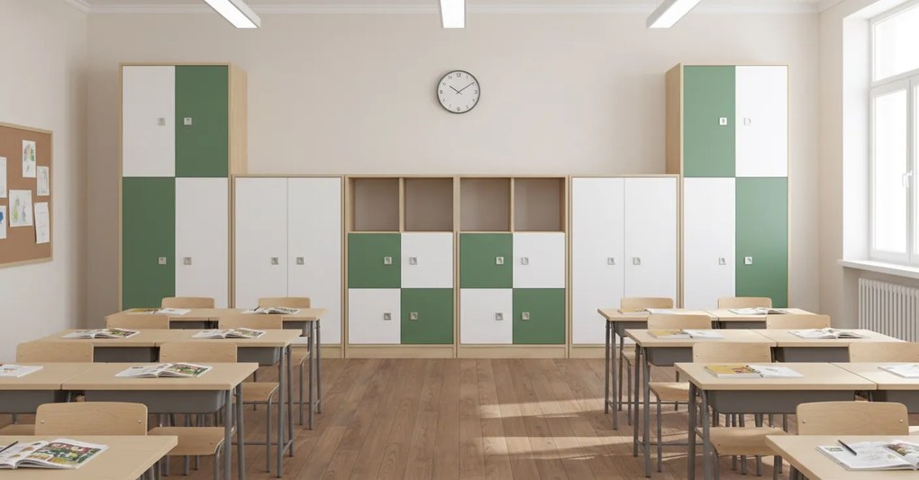 Zestaw mebli do pracowni szkolnych Blox Colours 19, fronty pastelowe zielone