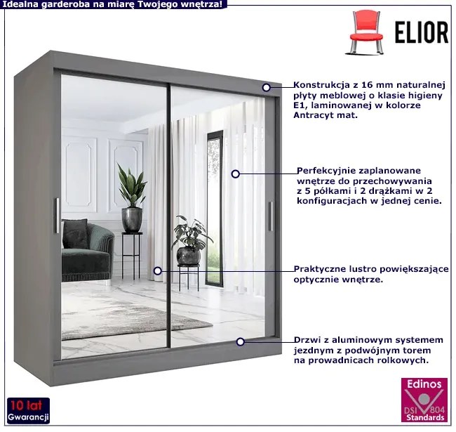 Antracytowa szafa przesuwna lustrzana 180 cm - Kukkin 5X
