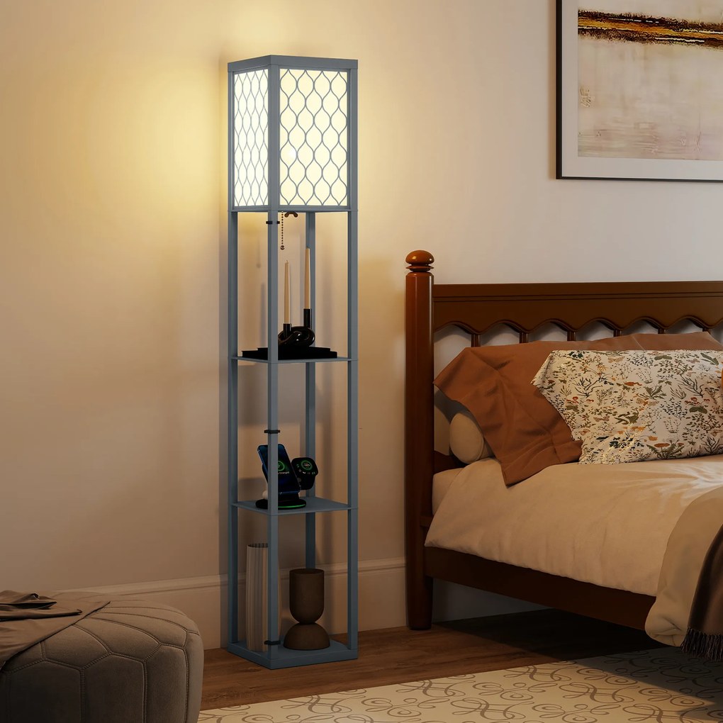 HOMCOM Lampa stojąca z półką, 3 półki, kompaktowe wymiary, MDF, Jasnoszary