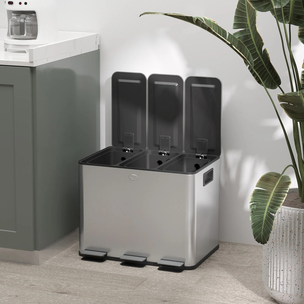 HOMCOM Kosz na śmieci 3 × 20 l | stal odporna na odciski, ciche domykanie, wyjmowane wkłady