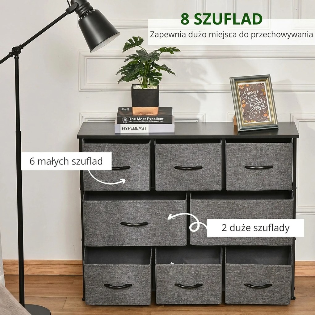 HOMCOM Komoda z 8 Szufladami z Tkaniny, 2 Duże, 6 Małe, Ramą Metalową, Zabezpieczenie Przed Przewróceniem, Szara