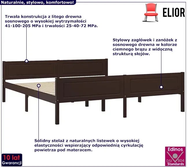 Drewniane dwuosobowe łóżko ciemny brąz 180x200 - Siran 7X