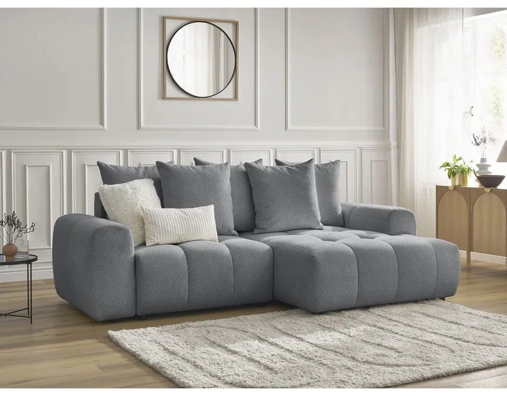Szary rozkładany/ze schowkiem narożnik z tkaniny szenilowej (prawostronny/z szezlongiem) Roxelane – Bobochic Paris